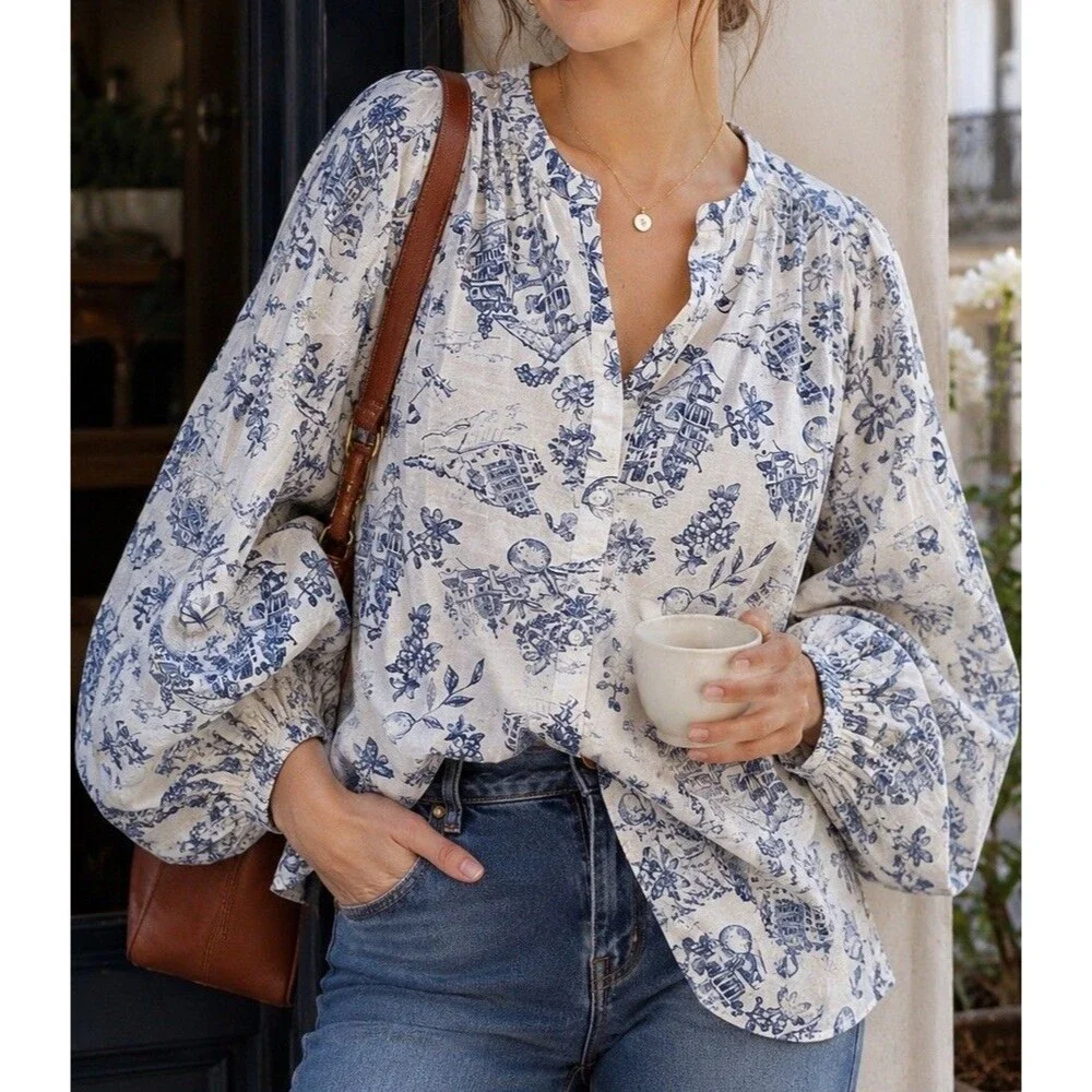 Lucky Brand XL Toile Print Peasant Blouse Balloon Sleeve Blue White Boho Top - Picture 1 of 6